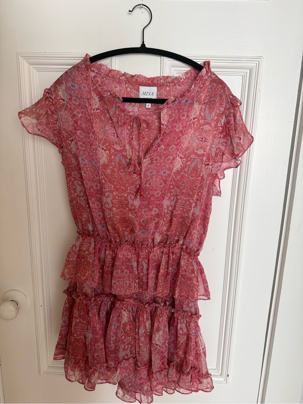 Misa Pink Floral Ruffle Tiered Mini Dress. Size Medium.